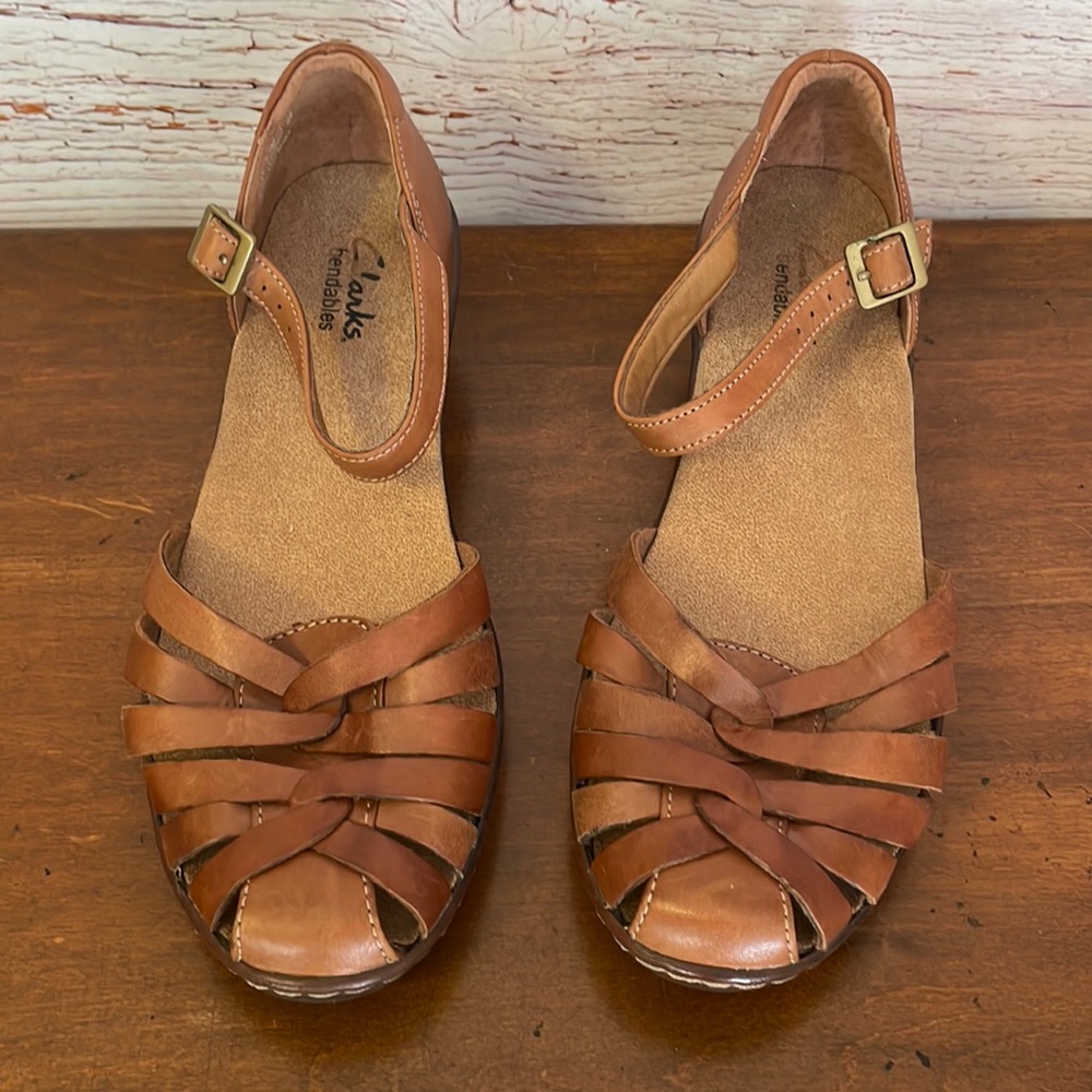 Clarks Tan Leather Woven Sandals
